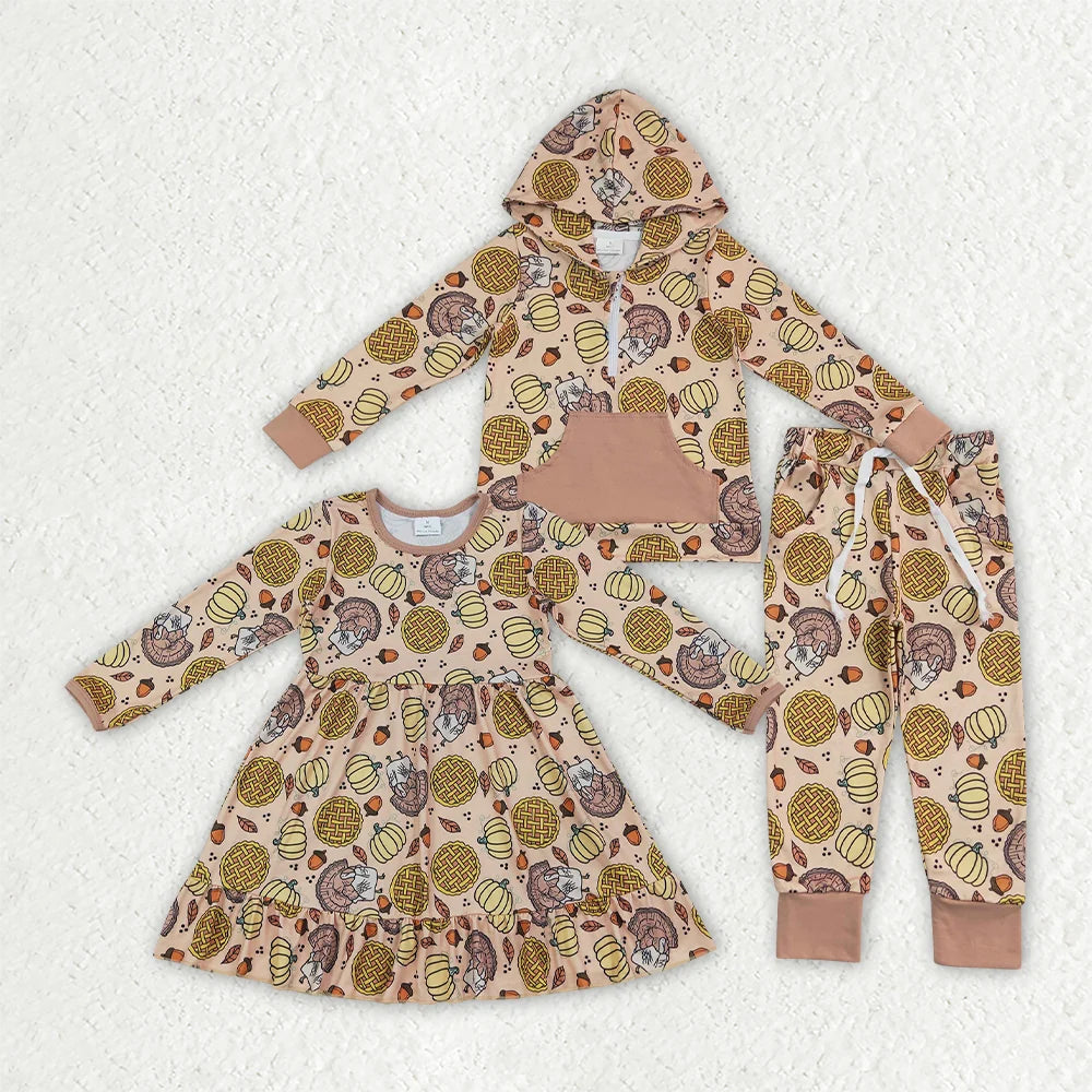 Sibling Baby Girls and Boys Pumpkin Pie Turkey Hoodie Outfit +Dress