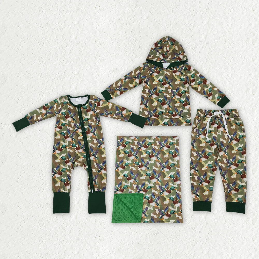 Sibling Baby Boys Hunting Camo Duck Pajama Set Zipper Romper Blanket