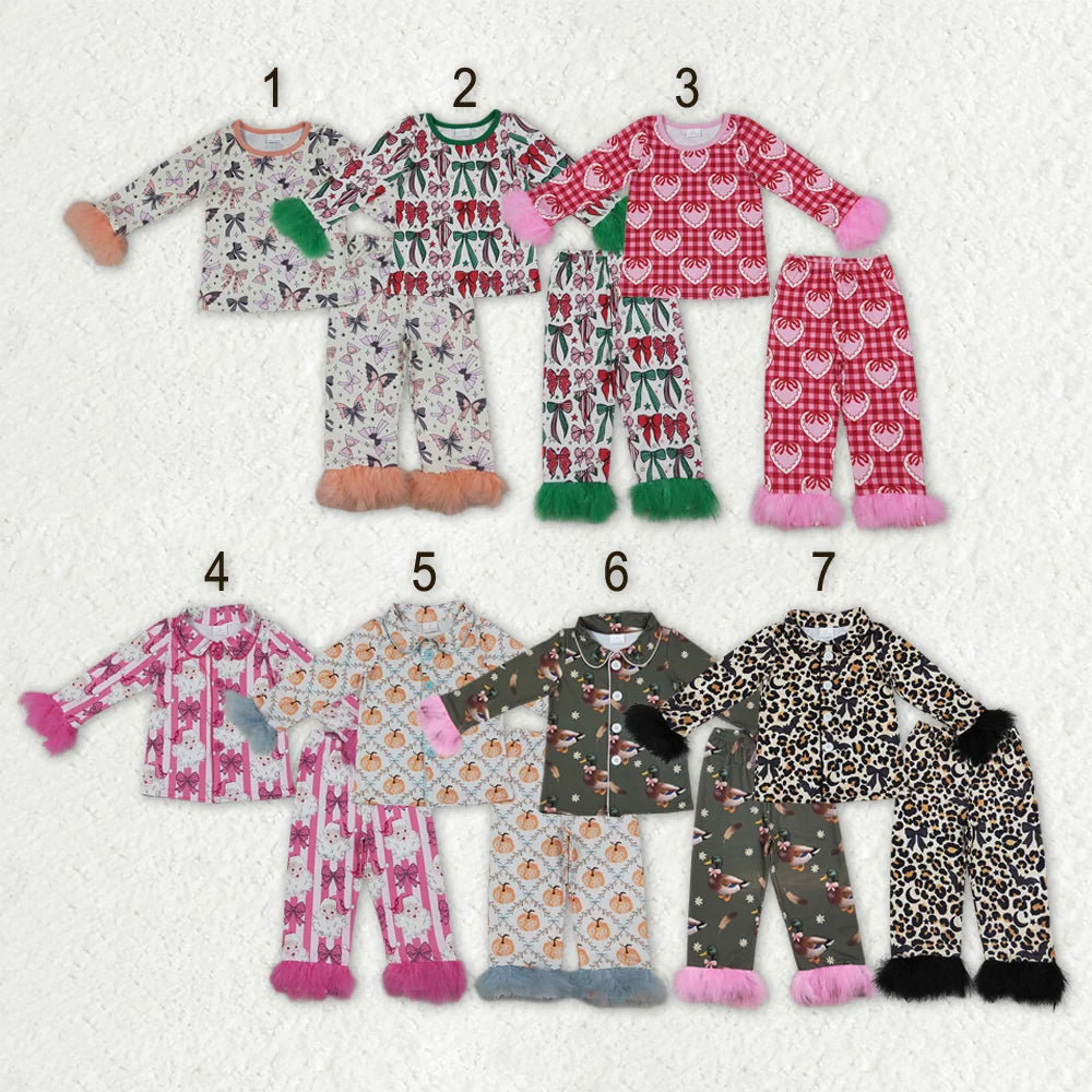 Sibling Kids Girls Bows Pumpkin Print Long Sleeve Pajama Set with Fur