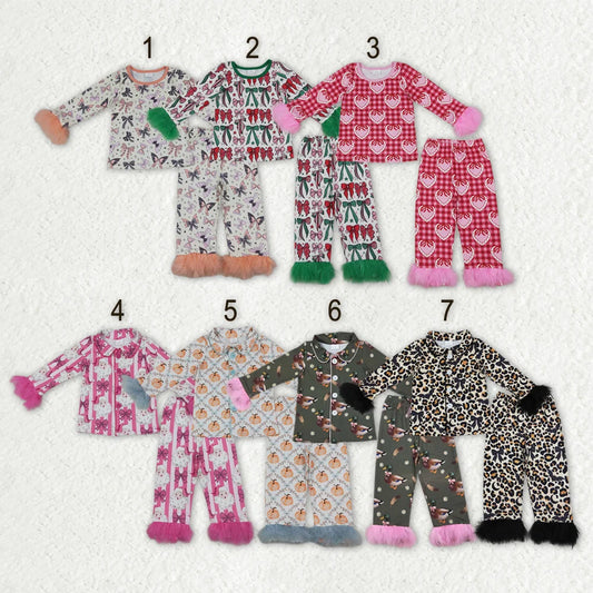Sibling Kids Girls Bows Pumpkin Print Long Sleeve Pajama Set with Fur