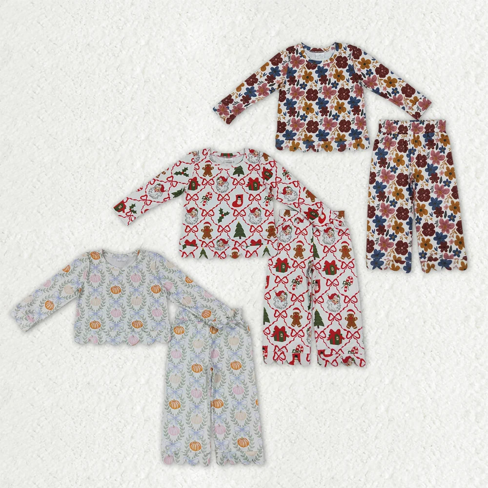 Sibling Kids Girls Pumpkin Christmas Floral Long Sleeve Top Scallop Outfit
