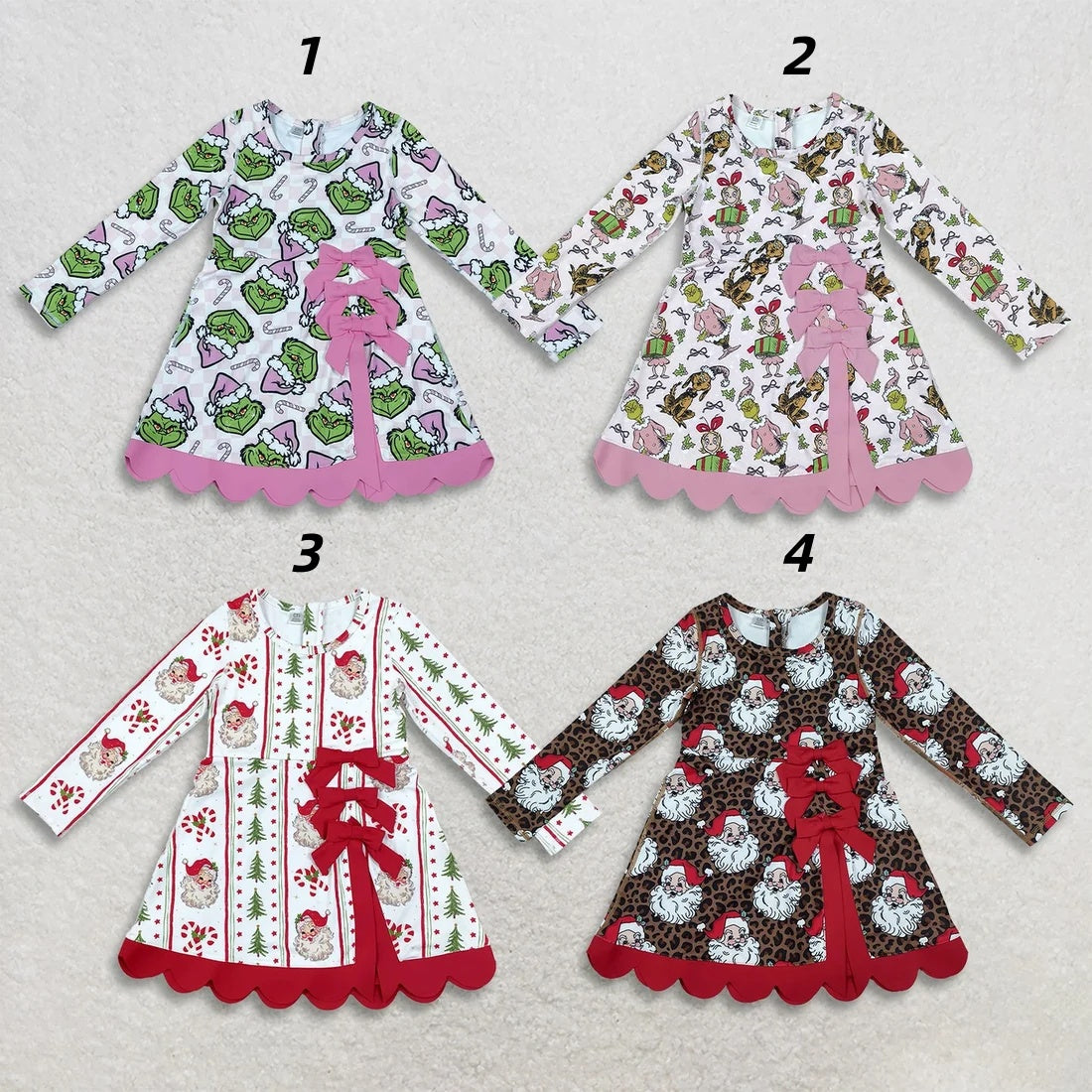 Sibling Kids Girls  Christmas Long Sleeve Active Dress With Bow