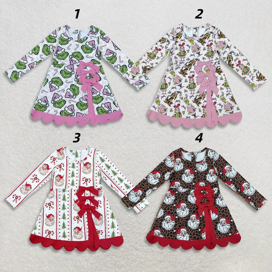 Sibling Kids Girls  Christmas Long Sleeve Active Dress With Bow