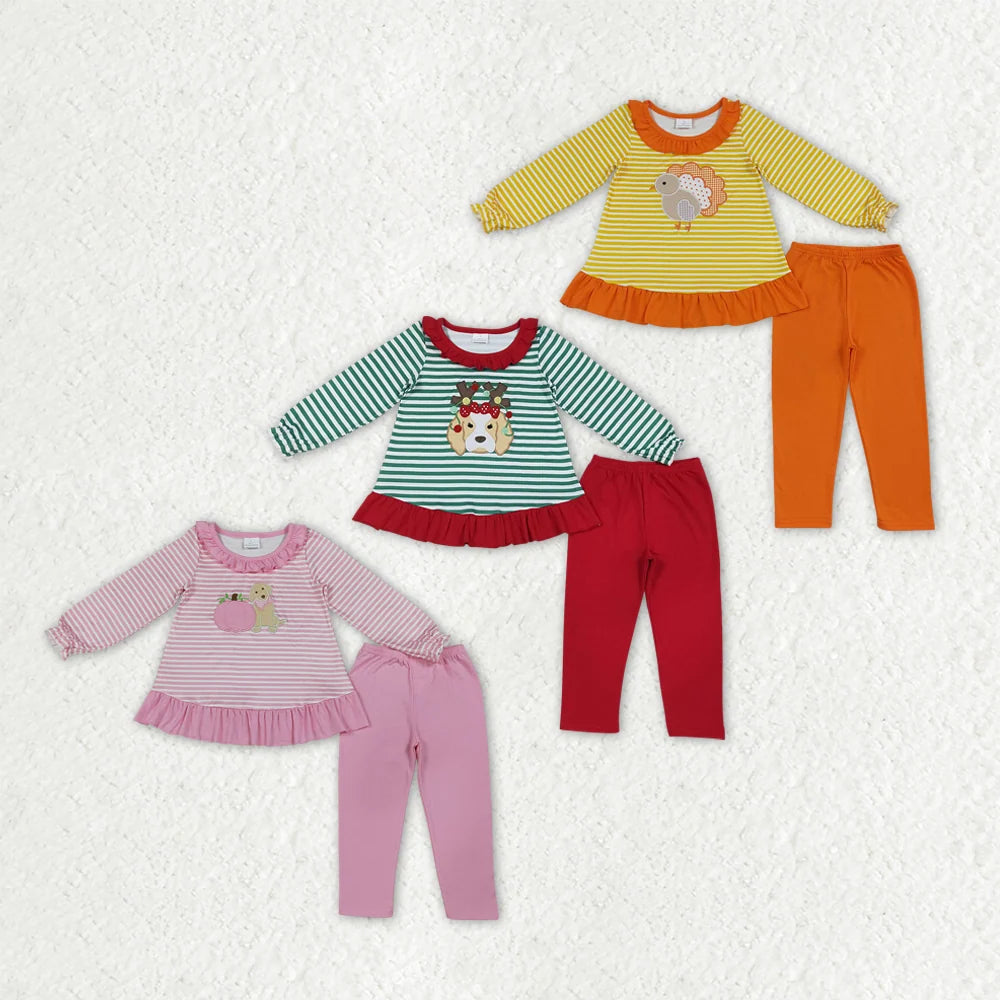 Sibling  Baby Girls Embroidery Turkey Pumpkin  Christmas Dog Striped Long Sleeve Top Leggings Outfit