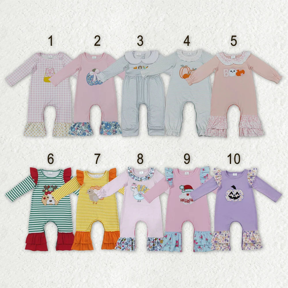 Sibling Baby Girls Holiday Embroidery Turkey Pumpkin Fall Long Sleeve Pants Romper
