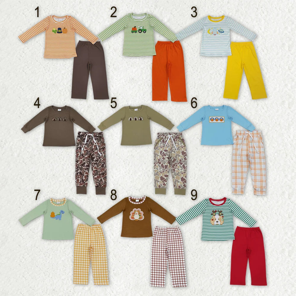 Sibling Kids Boys Holiday Embriodery Pumpkin Turkey Long Sleeve Top Pants Outfit