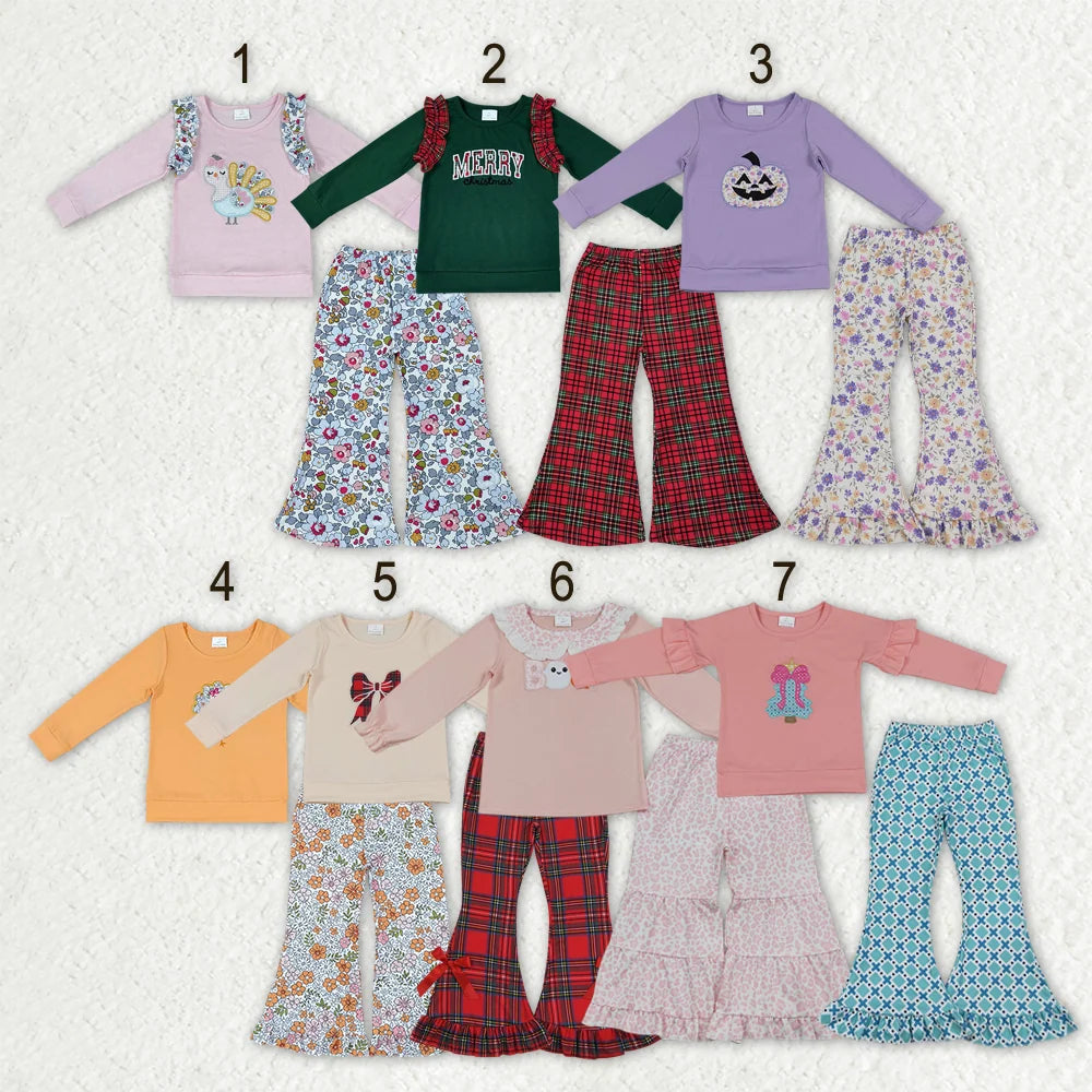 Sibling  Baby Girls Embroidery Turkey Long Sleeve Top Falre Pants Outfit