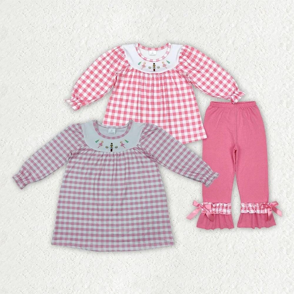 Sibling  Baby Girls Embroidery Soldiers Tree Pink GIngham Tunic Outfit +Dress