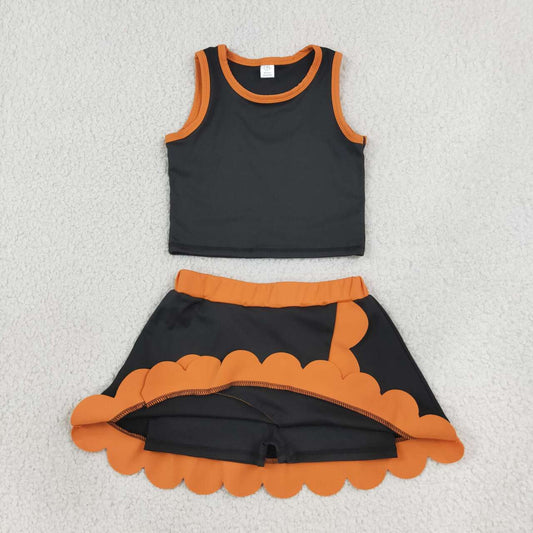 GSD4259 Teams Black Tank Top Orange Scallop Edge Skort Girls Active Clothes Yoga Outfits