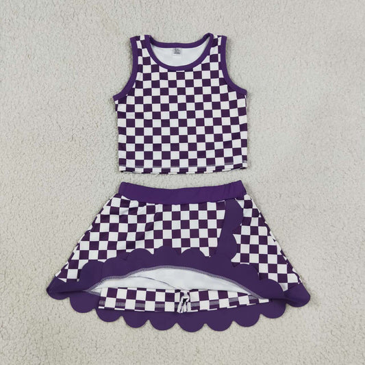 GSD4251 Teams Purple Plaid Tank Top Scallop Skort Girls Summer Yoga Clothes Set
