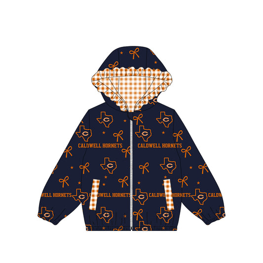 (Custom Design Preorder MOQ 5) Teams Caldwell Hornets Navy Bows Stars Print Girls Pockets Zipper Ruffle Hoodie Yoga Jacket Top