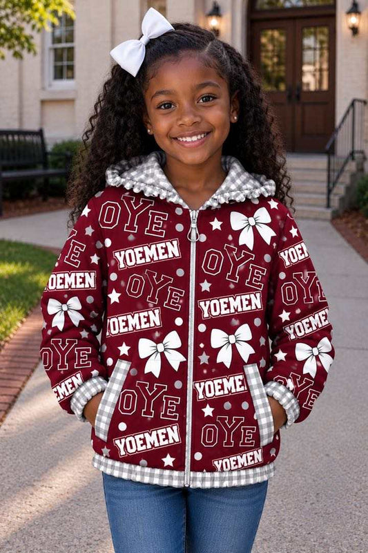 (Custom Design Preorder MOQ 5) Teams Cameron Yoemen Grey Checkered Bows Stars Print Girls Pockets Zipper Ruffle Hoodie Yoga Jacket Top
