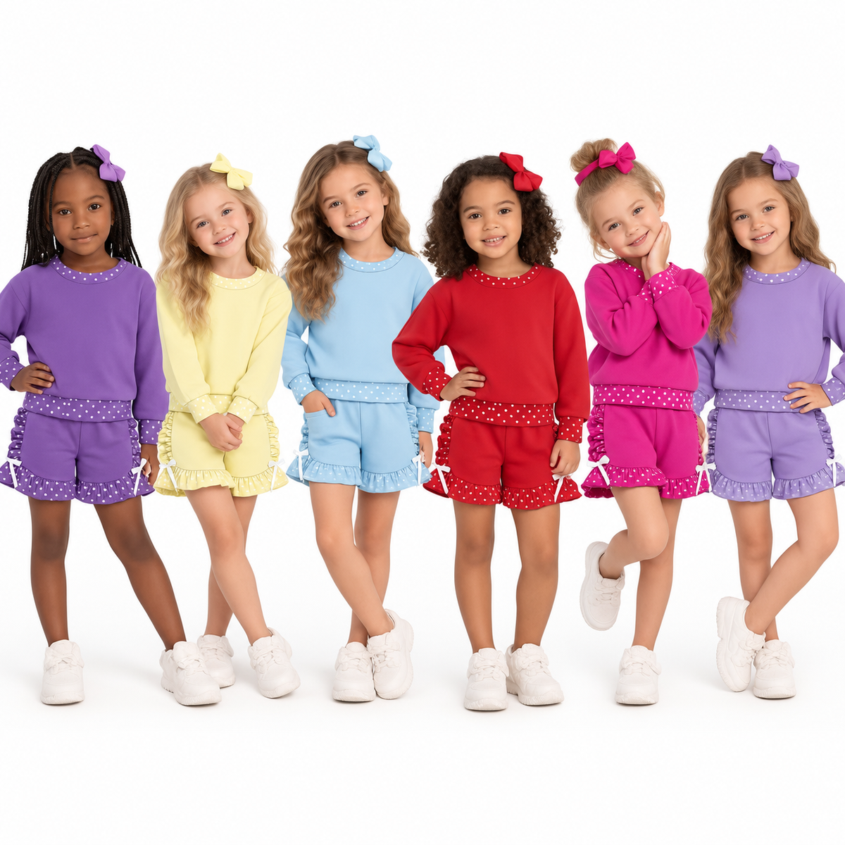 (Custom Design Preorder MOQ 5 Each)Girls Polka Dot Ruffle Hem Shorts Matching Long Sleeve Top Two Piece Set Sisters Wear