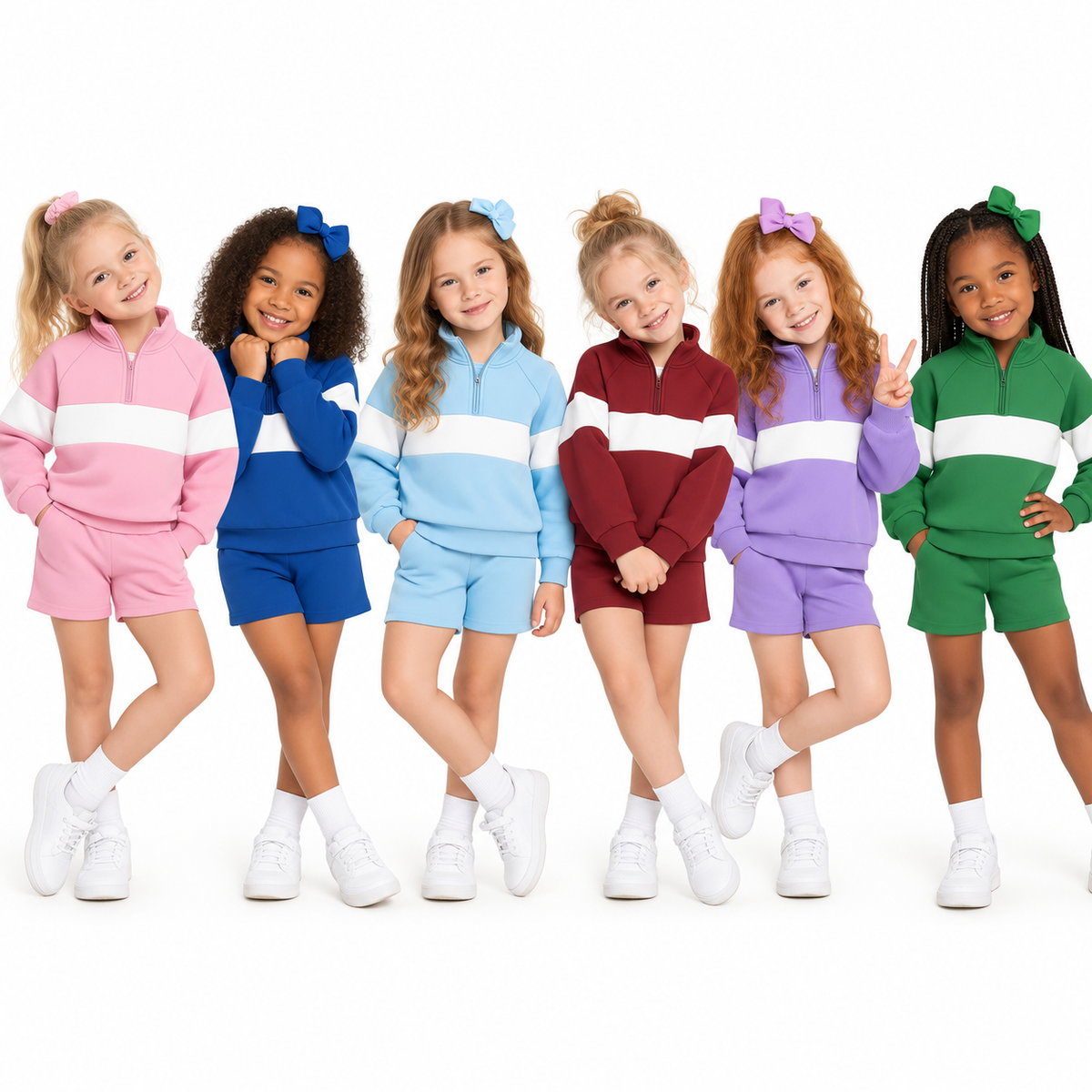 (Custom Design Preorder MOQ 5 Each)Solid Color Block Half Zip Sweatshirt and Pockets Shorts Matching Set for Toddler Boys & Girls -Sibling Wear