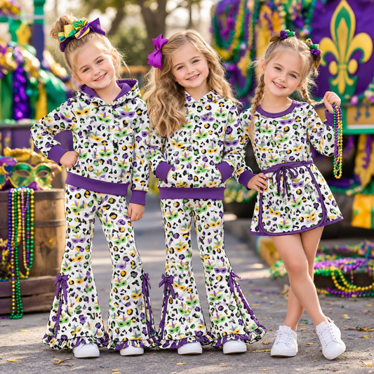 (Custom Design Preorder MOQ 5 Each) Mask Leopard Print Girls Mardi Gras Clothes Set Sisters Wear