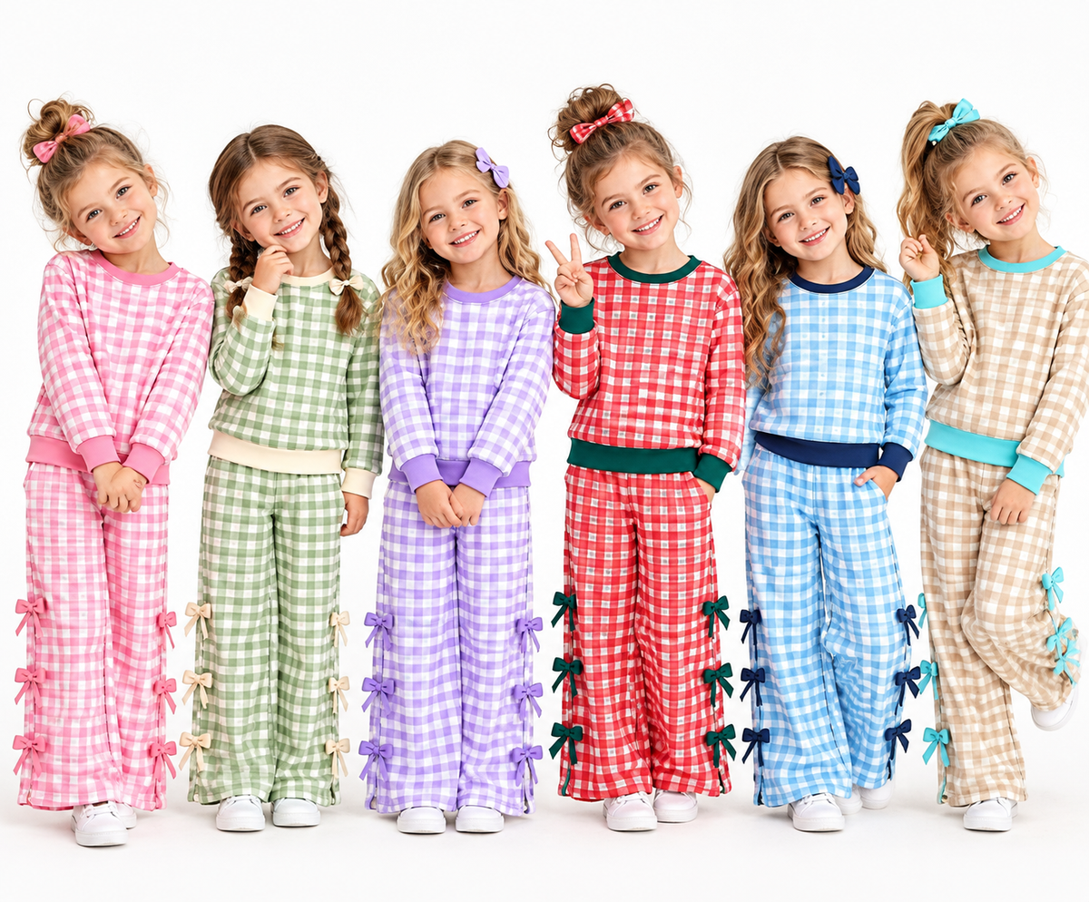 (Custom Design Preorder MOQ 5 Each) Checkered Print Long Sleeve Top Wide Leg Pants with Side Bows Girls Clothes Set Sisters Wear