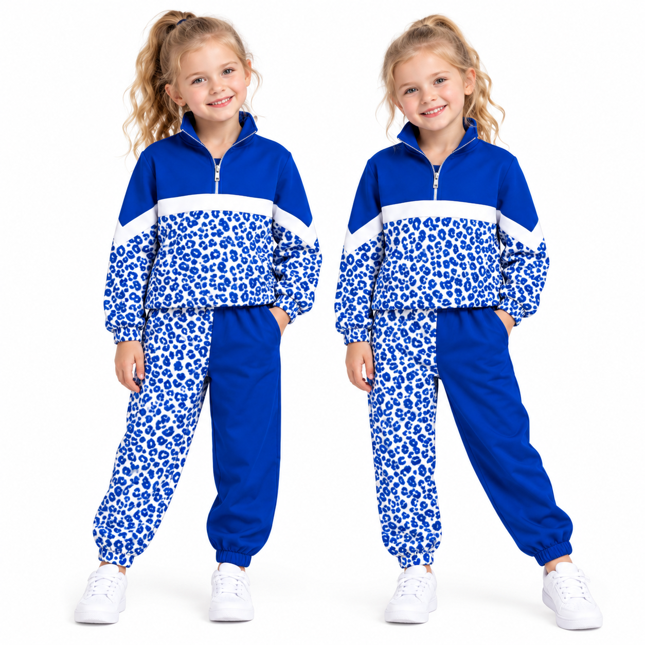 (Custom Design Preorder MOQ 5) Teams Blue Leopard Zipper Pullover Top Split Joggers Pants Girls Kids Fall Clothes Set