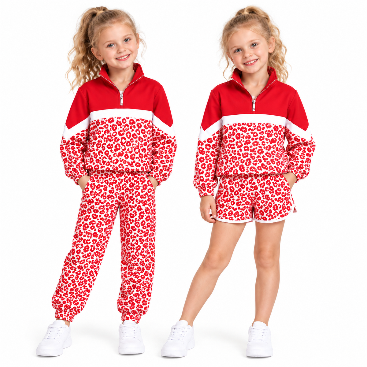 (Custom Design Preorder MOQ 5) Teams Red Leopard Zipper Pullover Top Split Shorts Girls Kids Clothes Set