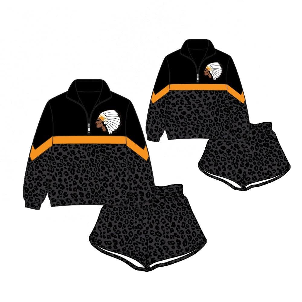 (Custom Design Preorder MOQ 5) Teams Chief Illiniwek Long Sleeve Zipper Top Black Leopard Shorts Mommy and Me Outfits