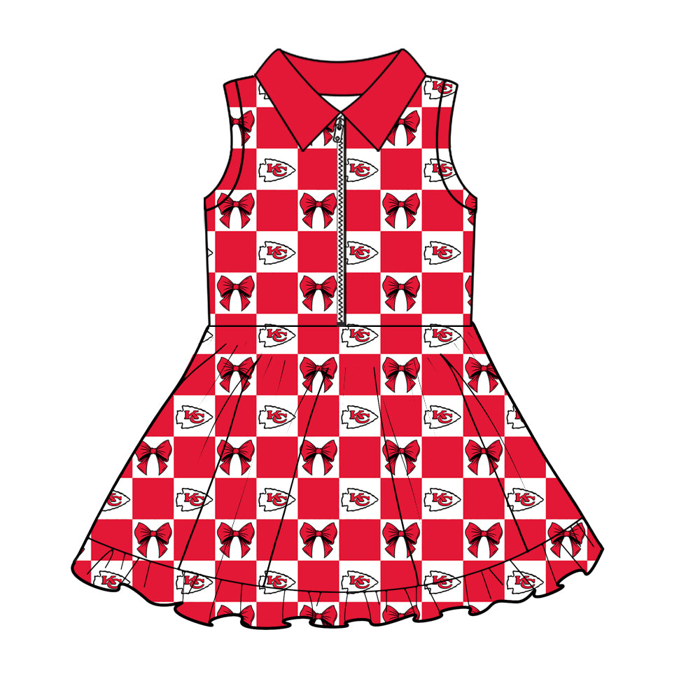 (Custom Design Preorder MOQ 5) Teams Chiefs KC Red Bows Checkerd Girls Summer Zipper Yoga Dress