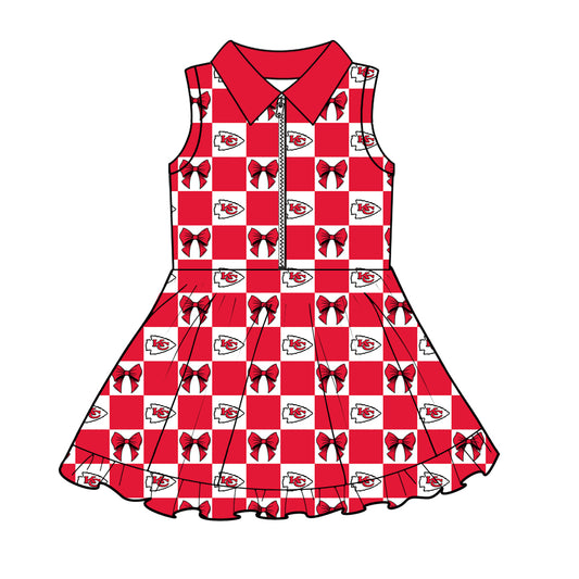 (Custom Design Preorder MOQ 5) Teams Chiefs KC Red Bows Checkerd Girls Summer Zipper Yoga Dress