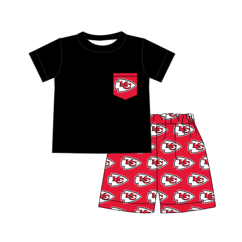 (Custom Design Preorder MOQ 5) Teams Chiefs KC Black Pocket Top Red Shorts Boys Clothes Set