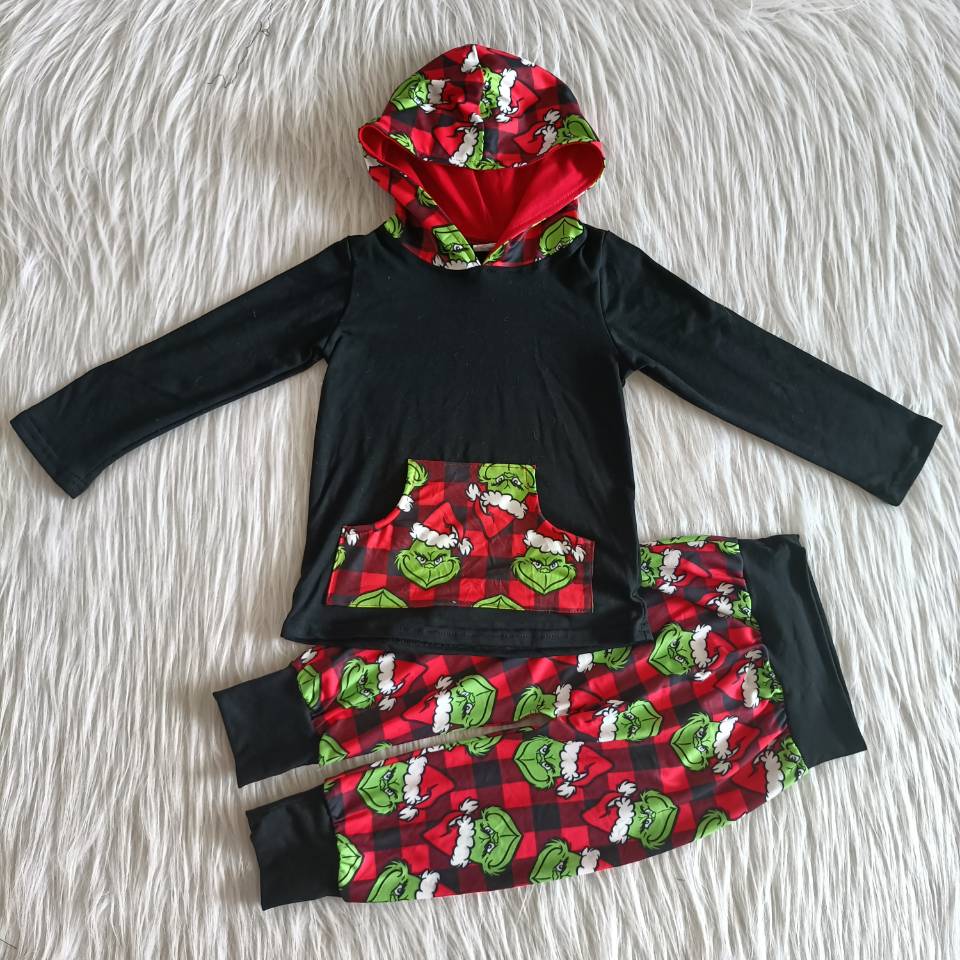 6 A10-29 Green Frog Black Hoodie Top Checkered Pants Boy's Christmas Clothes Set