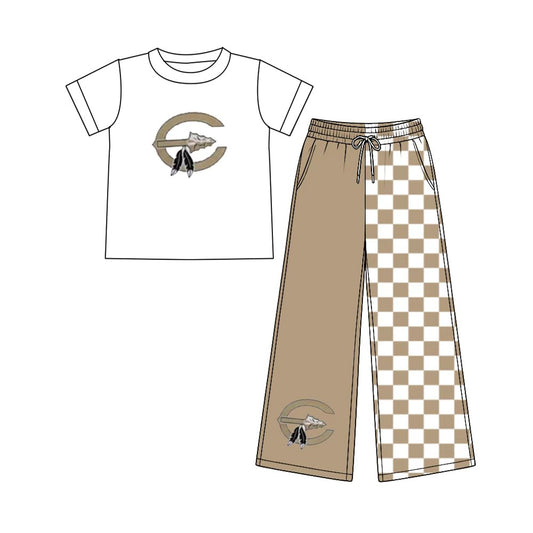 (Custom Design Preorder MOQ 5) Teams Comanche White Top Checkered Straight Pants Girls Clothes Set