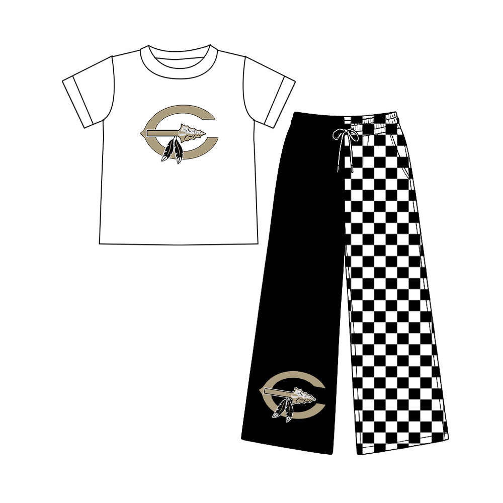 (Custom Design Preorder MOQ 5) Teams Comanche White Top Black Checkered Straight Pants Girls Clothes Set