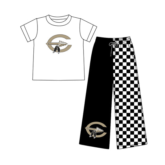 (Custom Design Preorder MOQ 5) Teams Comanche White Top Black Checkered Straight Pants Girls Clothes Set