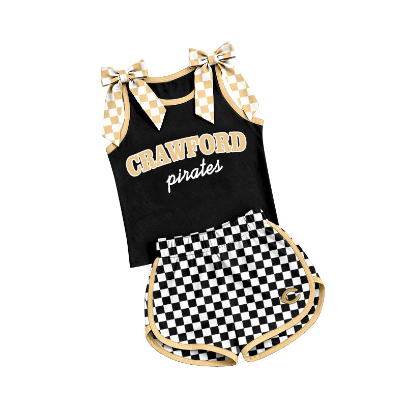 (Custom Design Preorder MOQ 5) Teams Crawford Pirates Bows Vest Top Checkerd Shorts Mommy and Me Summer Yoga Clothes Set
