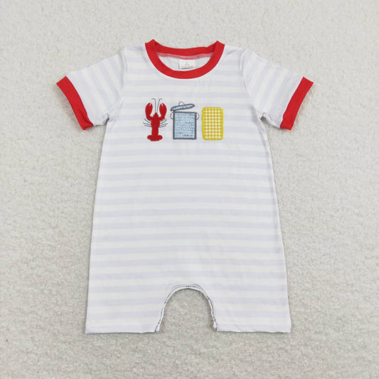 SR0744 Crayfish Embroidery Stripes Print Baby Boys Summer Romper