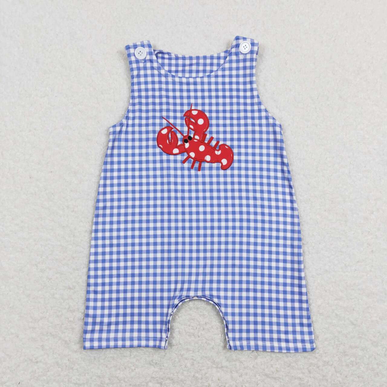SR0820 Crayfish Embroidery Plaid Print Baby Boys Sleeveless Romper