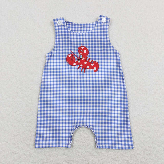 SR0820 Crayfish Embroidery Plaid Print Baby Boys Sleeveless Romper
