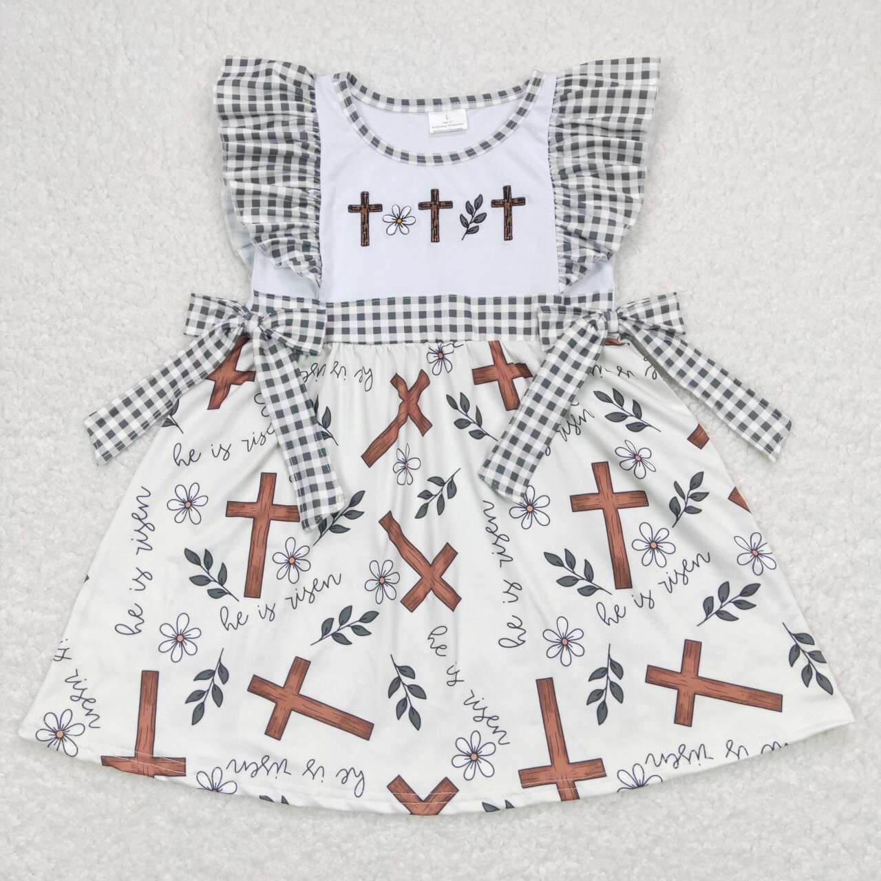 GSD0680 Cross Embroidery he is risen Flowers Plaid Print Girls Easter Knee Length Dress