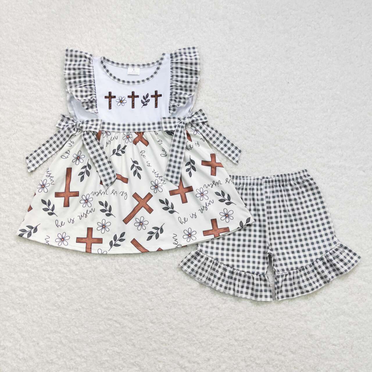 GSSO0492 Cross Embroidery he is risen Flowers Tunic Top Plaid Shorts Girls Easter Clothes Set