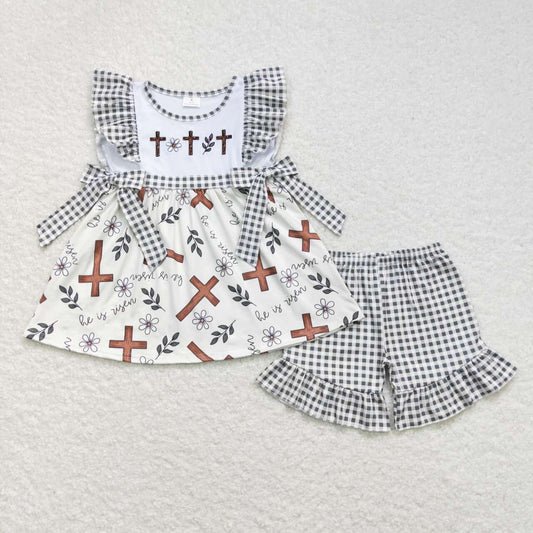 GSSO0492 Cross Embroidery he is risen Flowers Tunic Top Plaid Shorts Girls Easter Clothes Set