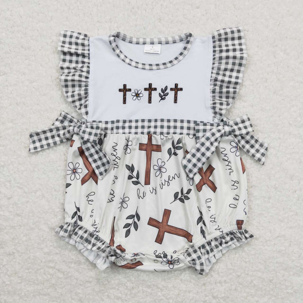SR0813 Cross Embroidery he is risen Flowers Plaid Print Baby Girls Easter Romper