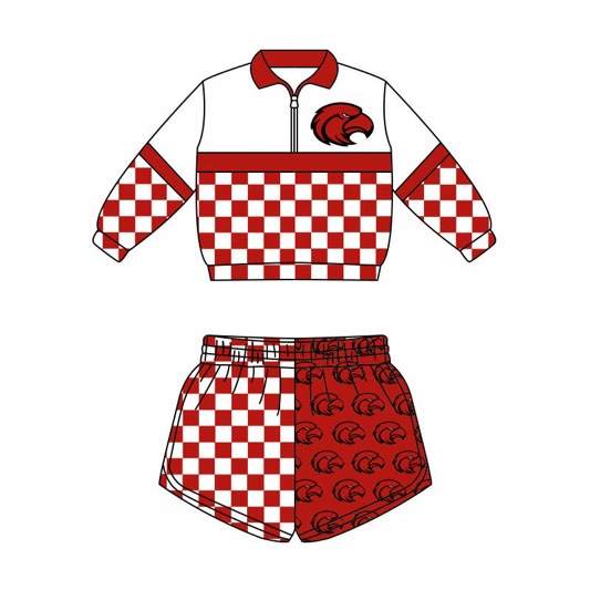 (Custom Design Preorder MOQ 5) Teams Cutter morning star Long Sleeve Zipper Top Red Checkerd Shorts Mommy and Me Outfits