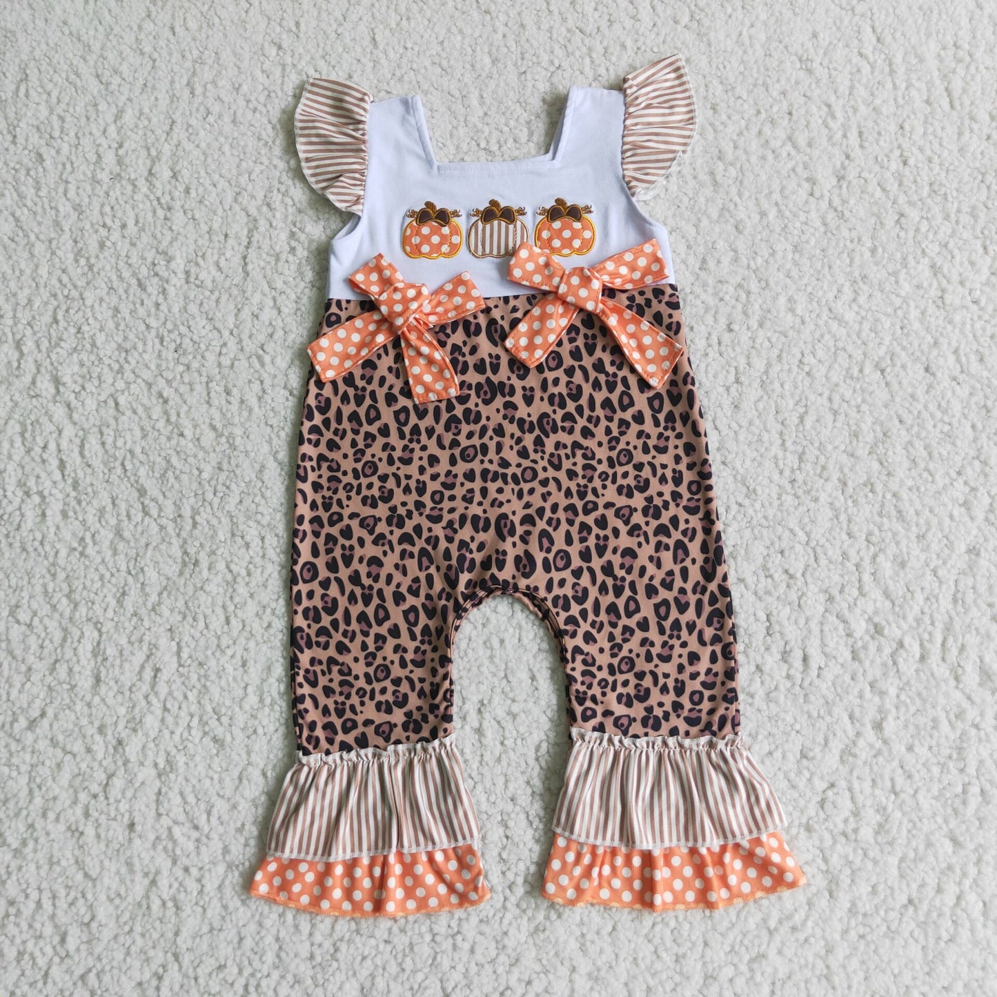 D1-15 Fall Pumpkin Embroidery Leopard Baby Girls Ruffle Romper