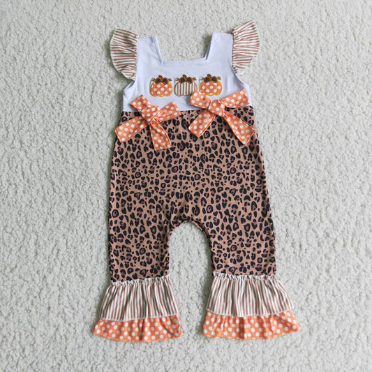 D1-15 Fall Pumpkin Embroidery Leopard Baby Girls Ruffle Romper