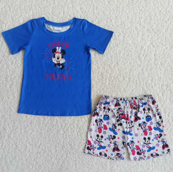 (Promotion)D10-18 Cartoon Mouse Blue Top Stars Shorts Boys 4th of July Clothes Set