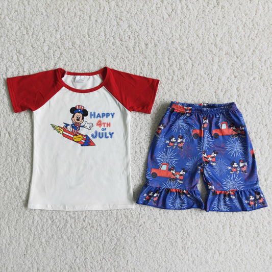(Promotion)D10-28 Cartoon Mouse Top Fireworks Shorts Girls 4th of July Clothes Set