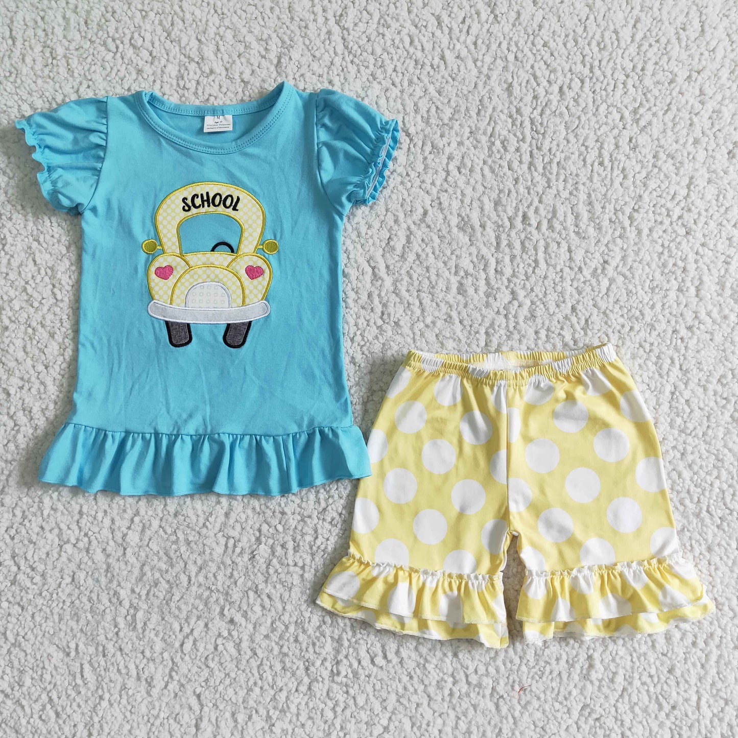D12-26 School Bus Embroidery Blue Top Dots Shorts Girls Back to School Clothes Set