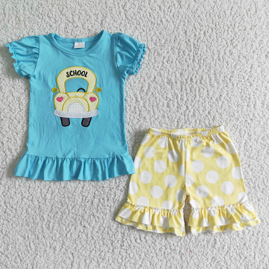D12-26 School Bus Embroidery Blue Top Dots Shorts Girls Back to School Clothes Set