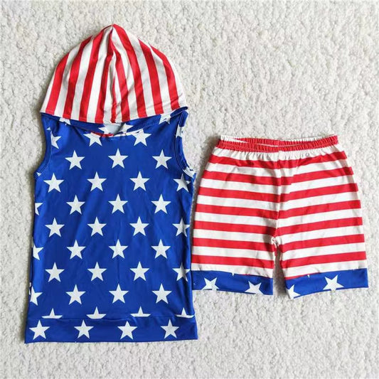 (Promotion)D13-30 Stars Hoodie Top Stripes Shorts Boys 4th of July Clothes Set
