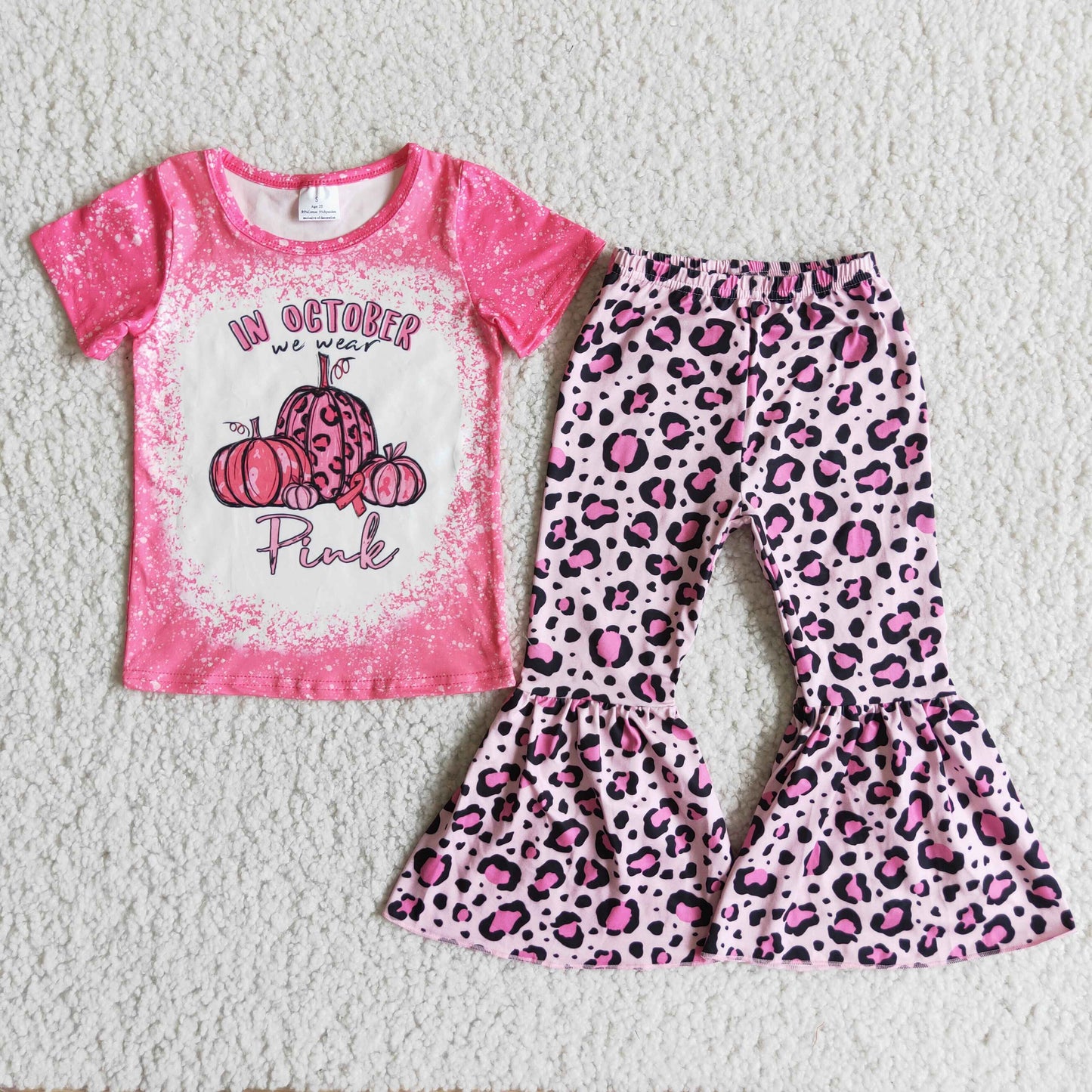 D2-29 Pumpkin In October Pink Top Leopard Bell Pants Girls Fall Clothes Set