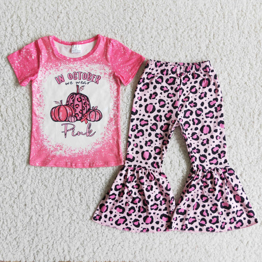 D2-29 Pumpkin In October Pink Top Leopard Bell Pants Girls Fall Clothes Set