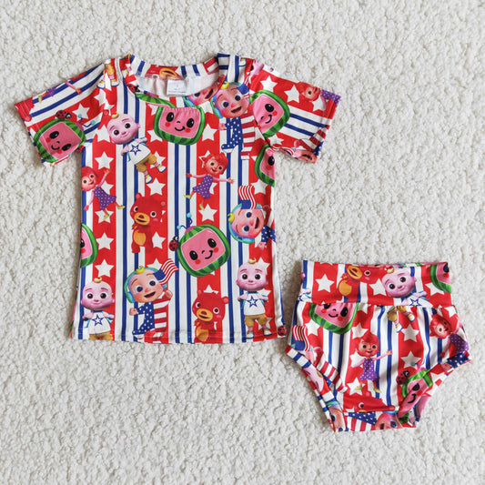 (Promotion)D4-5 Cartoon Watermelon Stars Stripes Print Baby 4th of July Bummie Set