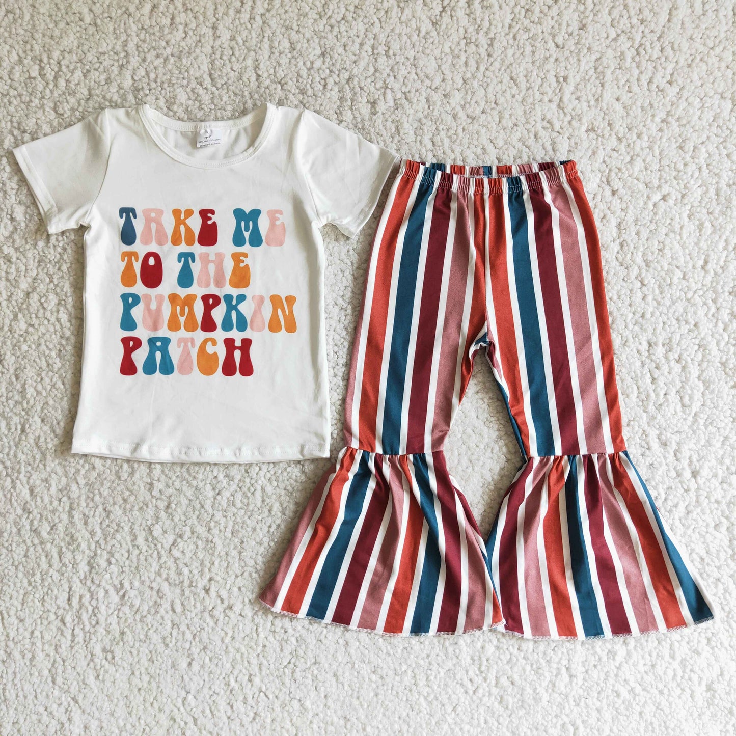 D6-19 Pumpkin Patch White Top Stripes Bell Pants Girls Fall Clothes Set